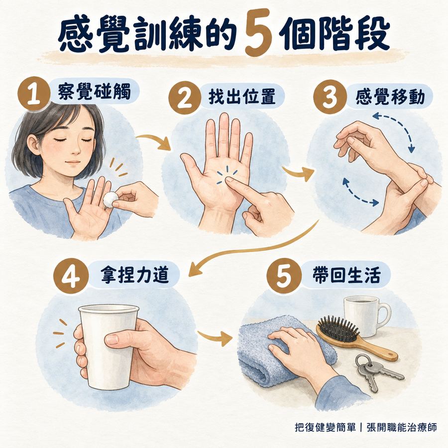 【中風復健】中風後手臂不會動怎麼辦?〡先從這 5 種方法開始 7 中風後上肢感覺訓練從察覺碰觸到帶回生活的五個階段