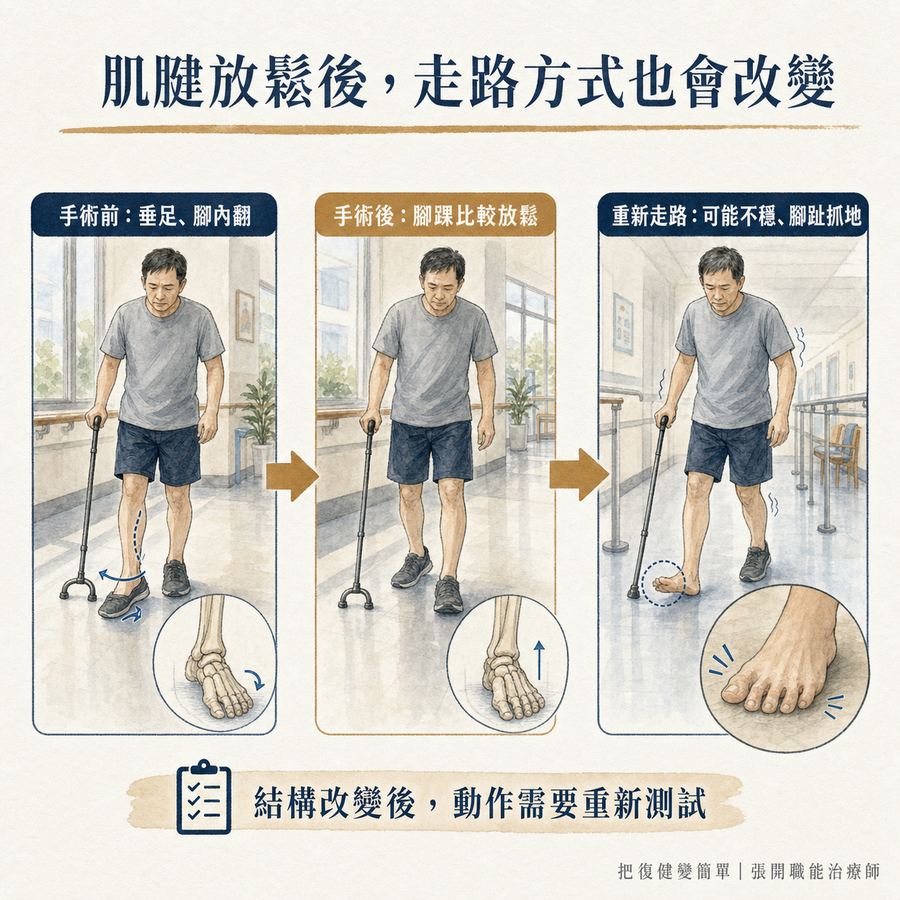【中風復健】中風後手握拳打不開怎麼辦?〡痙攣手術的適用情況、治療目標與術後復健 7 阿基里斯腱延長後腳踝雖然放鬆,走路方式仍可能改變