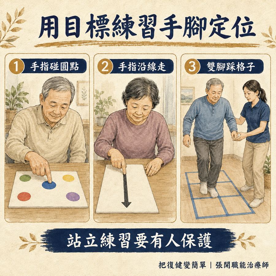 【中風復健】中風後動作失調怎麼辦?〡走路不穩、手腳不準的 5 個訓練原則 8 用圓點線條與格子練習手腳定位