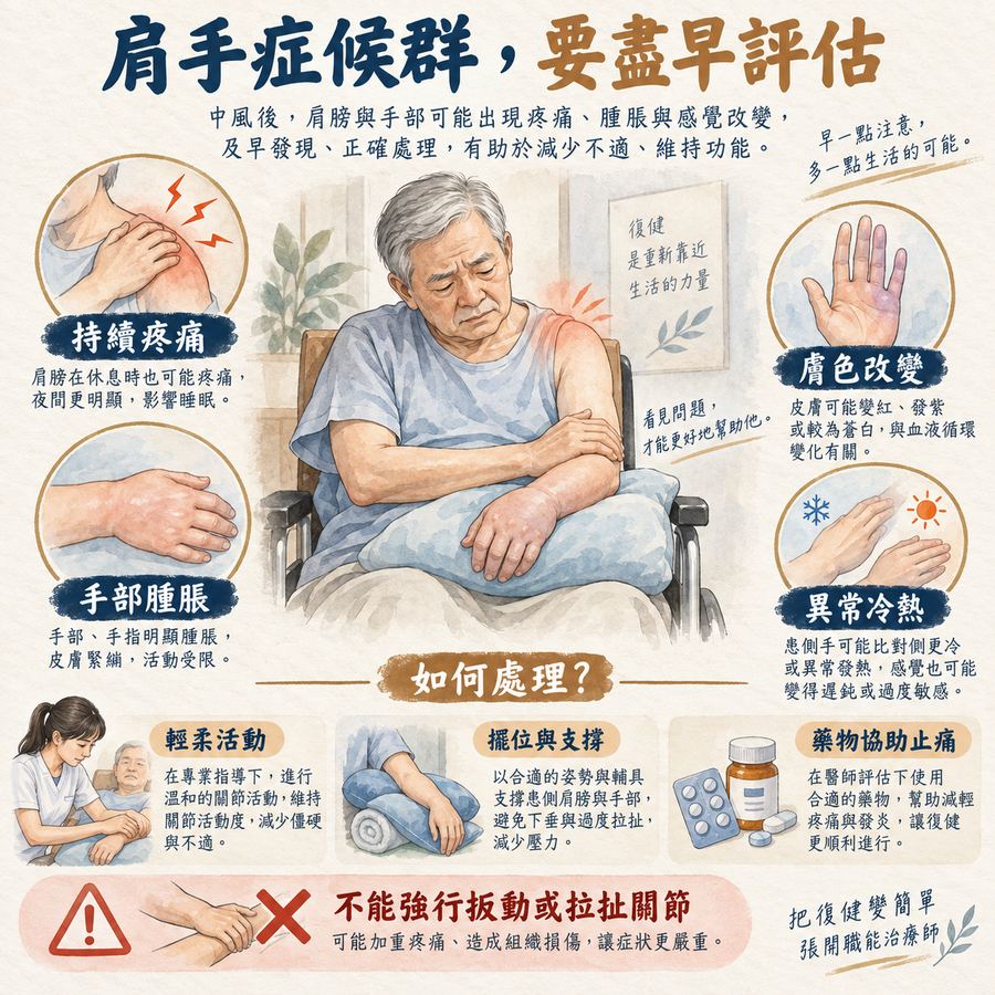 【中風症狀】中風後疼痛怎麼辦?〡中風後的 3 種疼痛與處理方式 8 肩手症候群的疼痛腫脹膚色與溫度變化及處理方式
