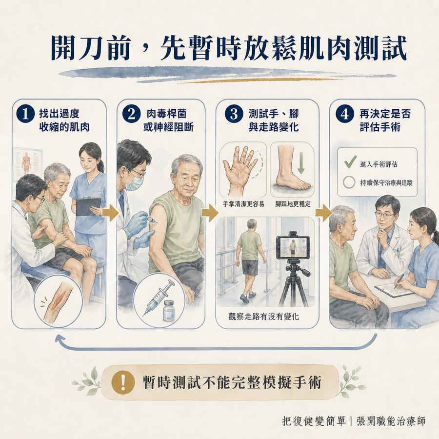 【中風復健】中風後手握拳打不開怎麼辦?〡痙攣手術的適用情況、治療目標與術後復健 8 痙攣手術前先用肉毒桿菌或神經阻斷測試肌肉放鬆後的變化