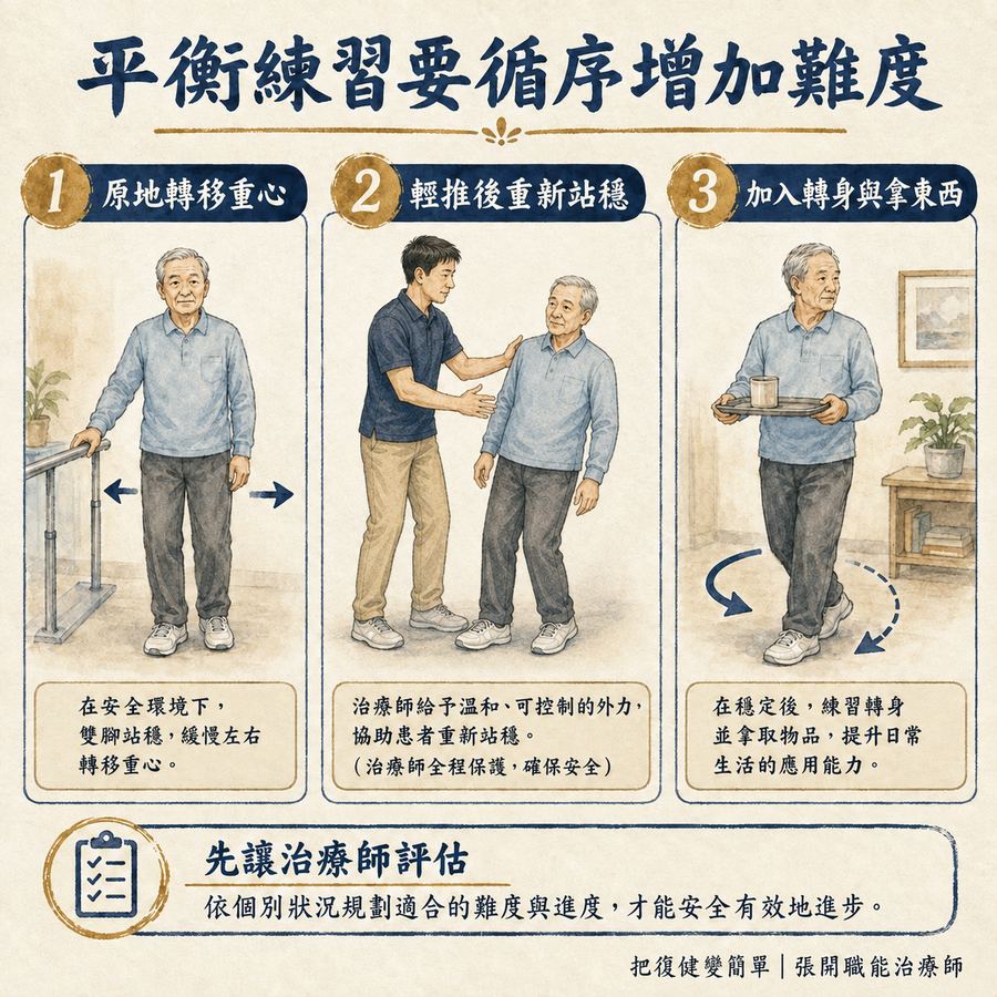 【中風復健】中風後動作失調怎麼辦?〡走路不穩、手腳不準的 5 個訓練原則 9 平衡練習循序增加難度