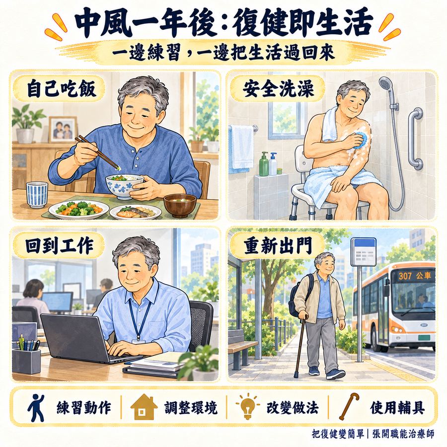 【中風復健】中風恢復時間表〡第 1 天、3 個月、半年到一年後會發生什麼? 9 中風一年後把吃飯洗澡工作與外出融入復健