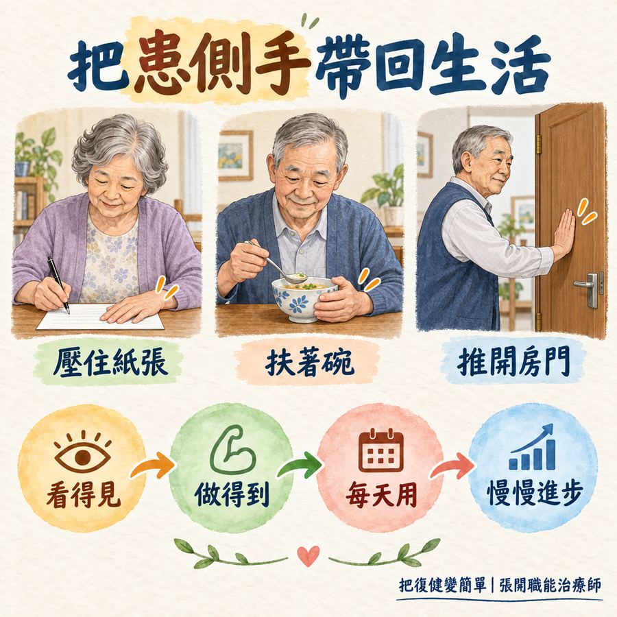 【中風復健】任務導向治療是什麼?從生活目標到主動練習的 6 個步驟 9 讓患側手參與扶碗壓紙與推門等日常活動