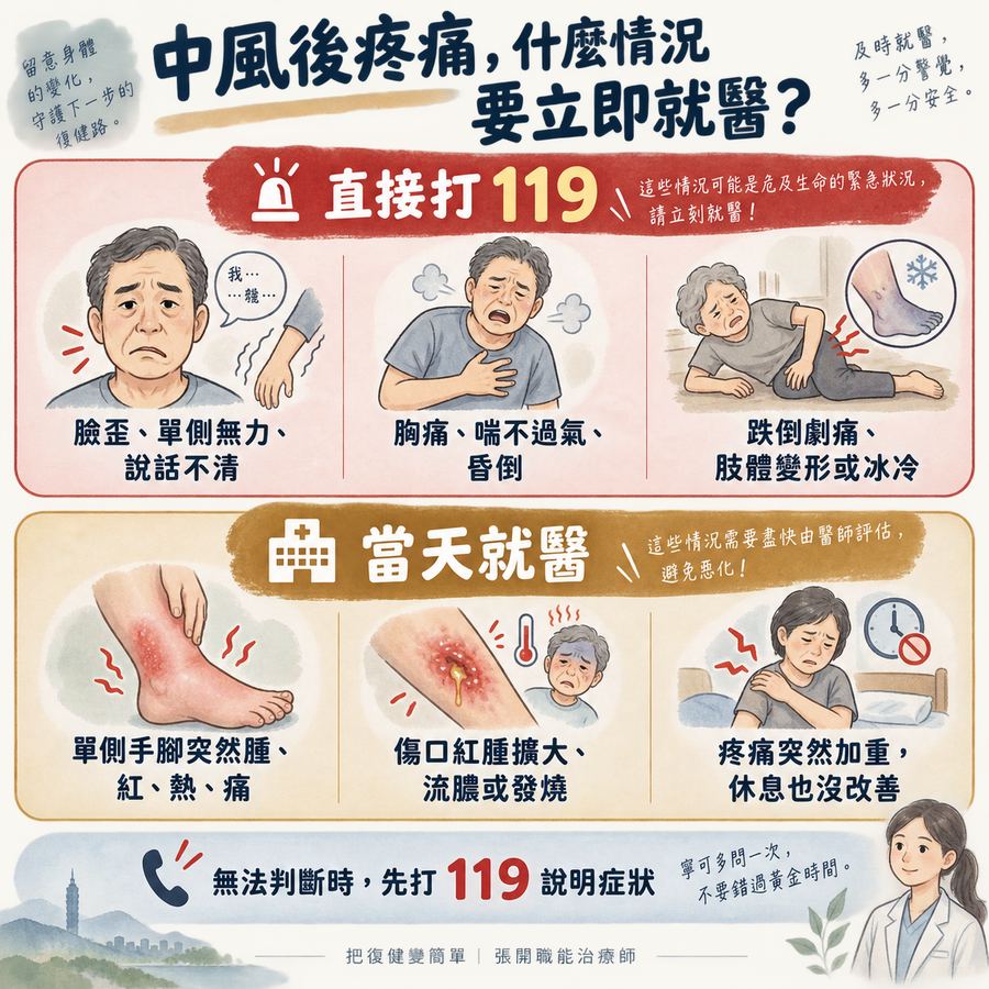 【中風症狀】中風後疼痛怎麼辦?〡中風後的 3 種疼痛與處理方式 10 中風後疼痛需要打119或當天就醫的分流警訊