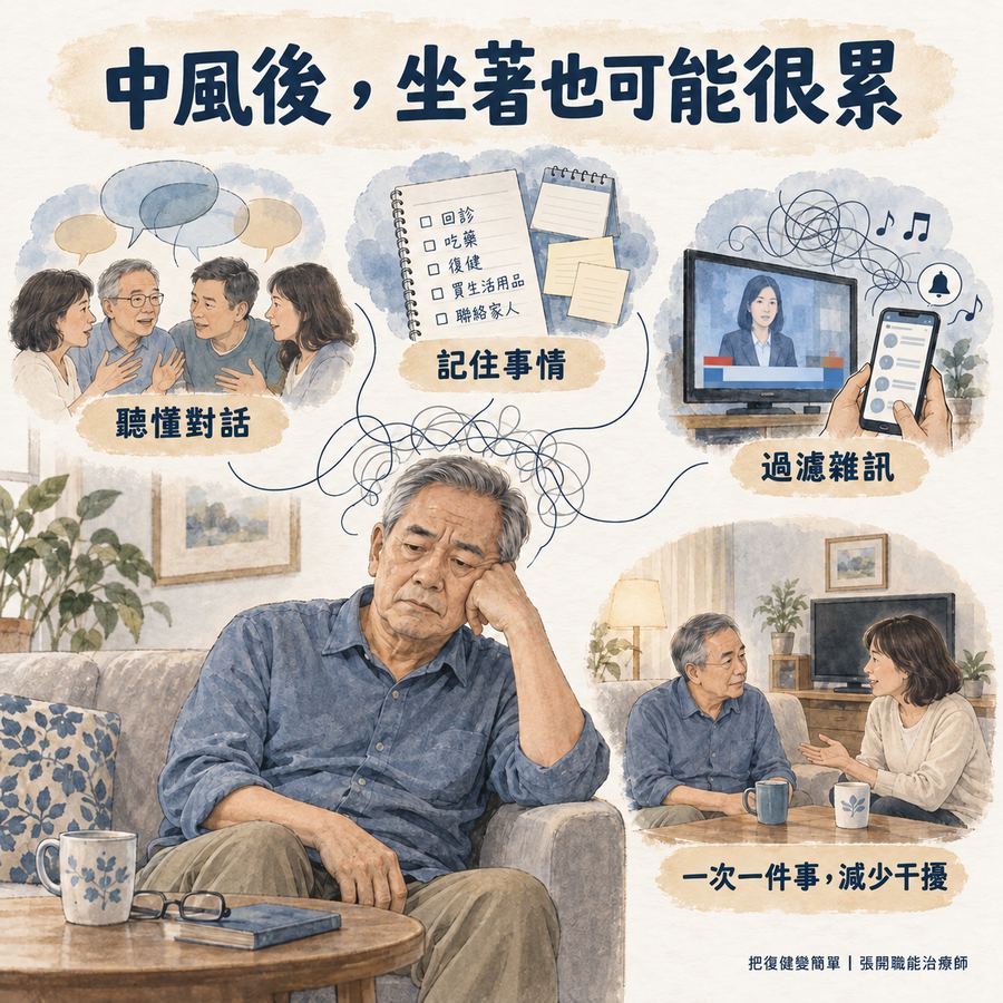 【中風症狀】中風後疲勞怎麼辦?〡復健與休息,都要留一點餘裕 3 中風患者坐著聽話、記憶與過濾環境聲音,也會消耗心力的示意圖