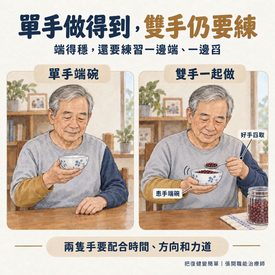 【中風復健】中風雙側訓練怎麼練?〡讓患手從拖油瓶變成輔助手的 3 個階段 3 單手端碗與雙手端碗舀取的對照,說明兩隻手需要練習配合