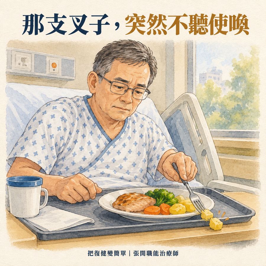 【中風復健】職能治療師自己中風後〡從拿叉子到居家復健 4 比爾在病房吃飯時用左手拿叉子,卻把食物推出盤子的故事插畫
