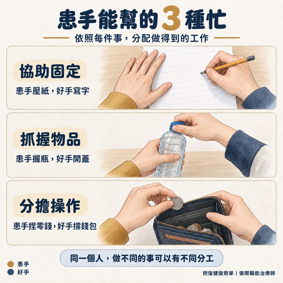 【中風復健】中風雙側訓練怎麼練?〡讓患手從拖油瓶變成輔助手的 3 個階段 4 患手協助固定、抓握物品與分擔操作的三種生活分工