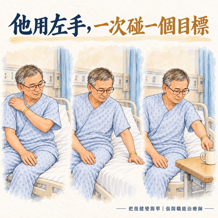 【中風復健】職能治療師自己中風後〡從拿叉子到居家復健 5 比爾在病房裡用同一隻左手,依序碰自己、病床與桌上物品的連續故事畫面