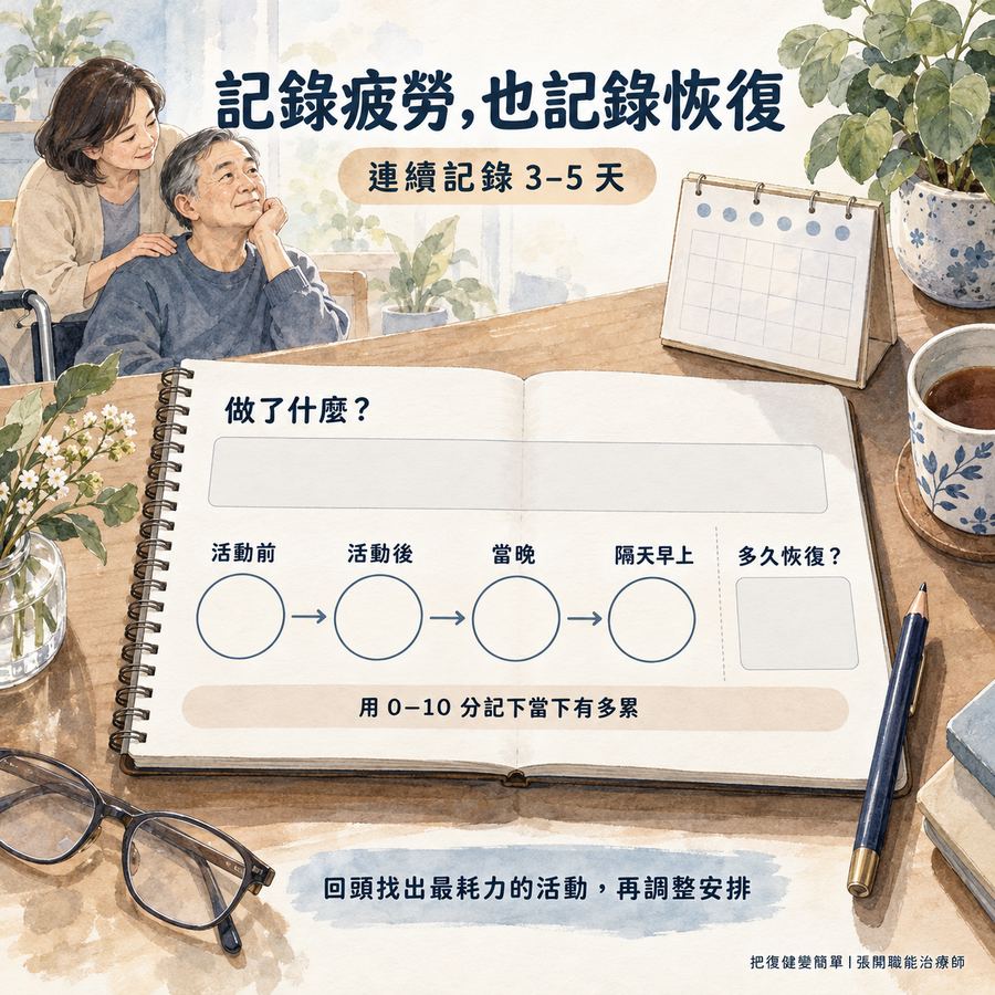 【中風症狀】中風後疲勞怎麼辦?〡復健與休息,都要留一點餘裕 5 連續三到五天記錄活動前後、當晚與隔天疲勞程度,以及恢復時間的工具示意圖