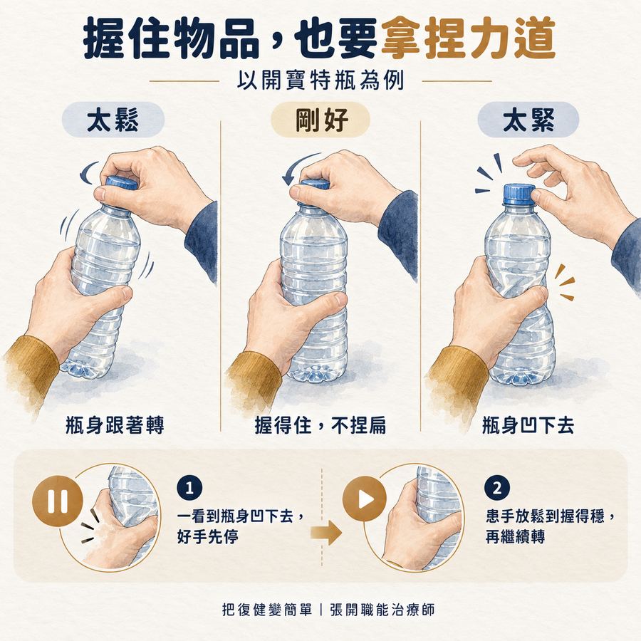 【中風復健】中風雙側訓練怎麼練?〡讓患手從拖油瓶變成輔助手的 3 個階段 6 開寶特瓶時抓握太鬆、剛好與太緊的比較,以及好手先停再繼續的調整方式