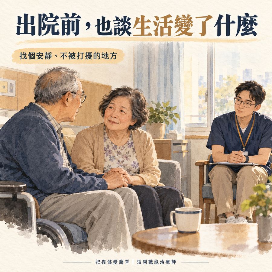 【中風復健】職能治療師自己中風後〡從拿叉子到居家復健 7 一對夫妻在安靜空間裡談中風後生活變化,治療師在旁傾聽