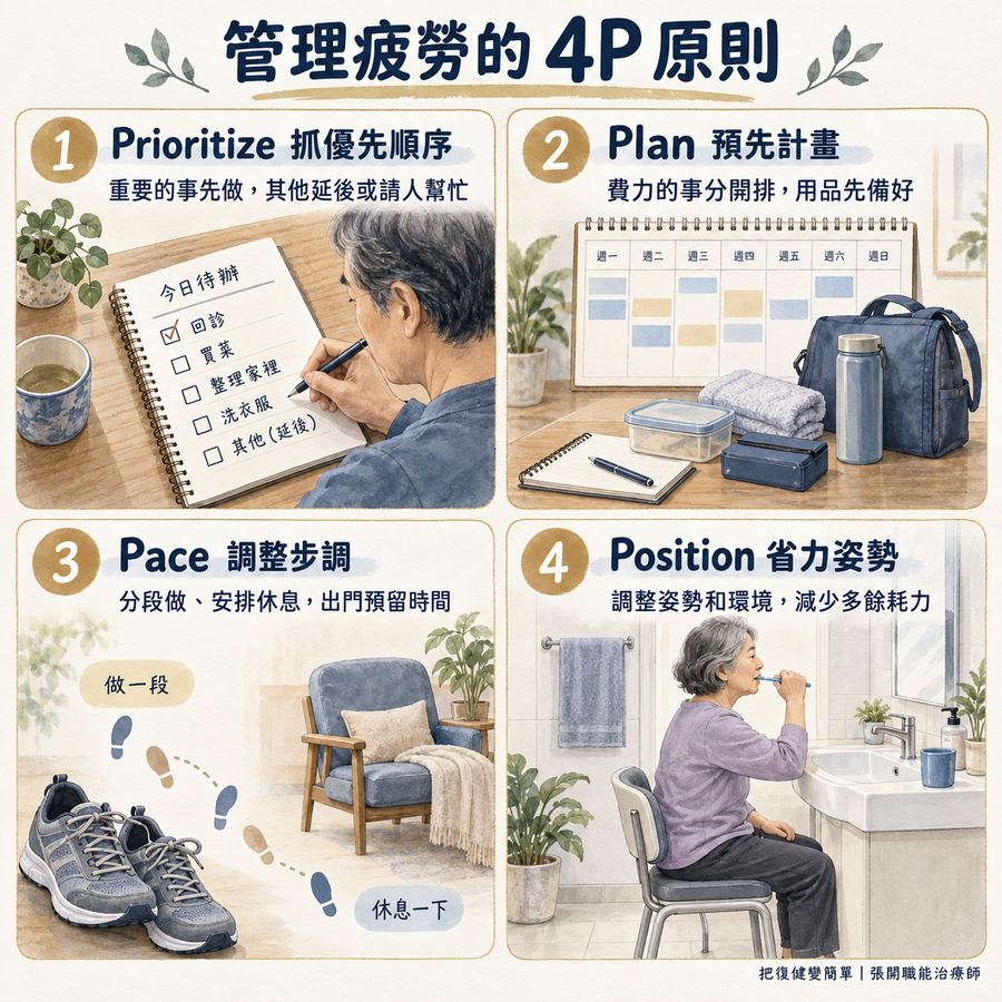 【中風症狀】中風後疲勞怎麼辦?〡復健與休息,都要留一點餘裕 7 抓優先順序、預先計畫、調整步調和省力姿勢四種節能策略