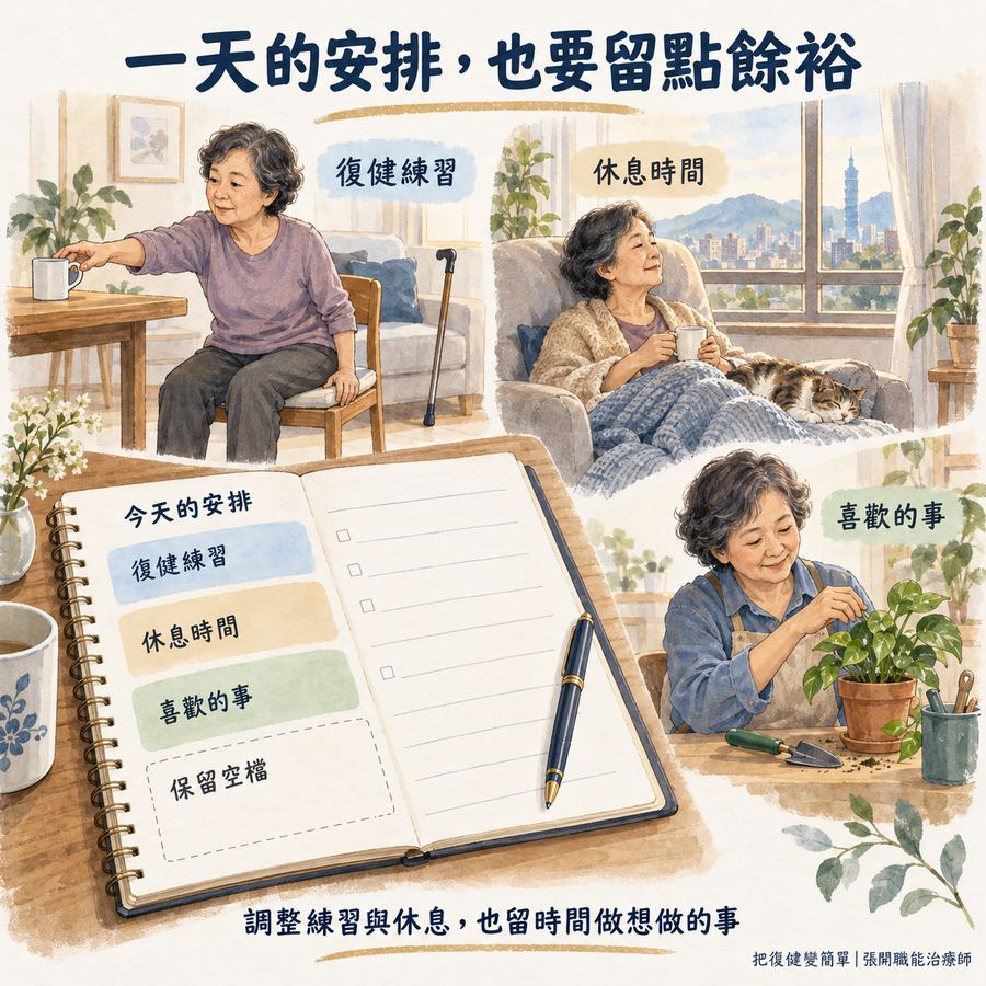 【中風症狀】中風後疲勞怎麼辦?〡復健與休息,都要留一點餘裕 8 一天的生活同時保留復健練習、休息和喜歡活動的留白日程示意圖