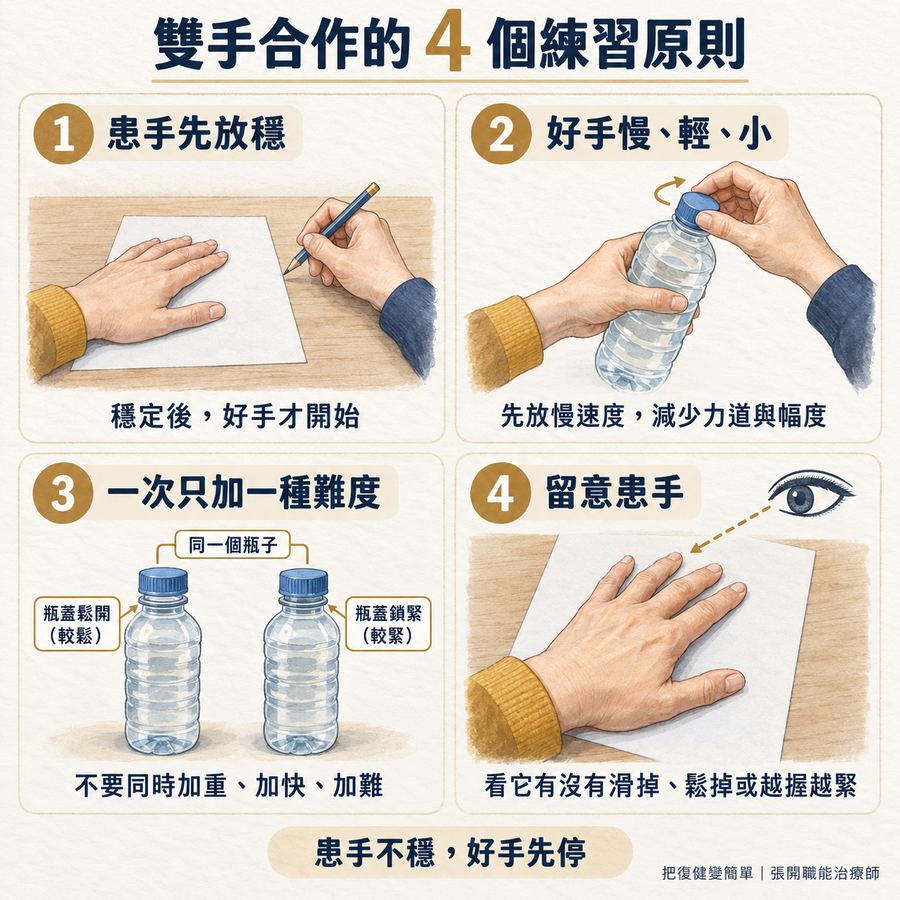 【中風復健】中風雙側訓練怎麼練?〡讓患手從拖油瓶變成輔助手的 3 個階段 8 雙手合作的四個練習原則:患手先放穩、好手慢輕小、一次只調整一種難度及留意患手