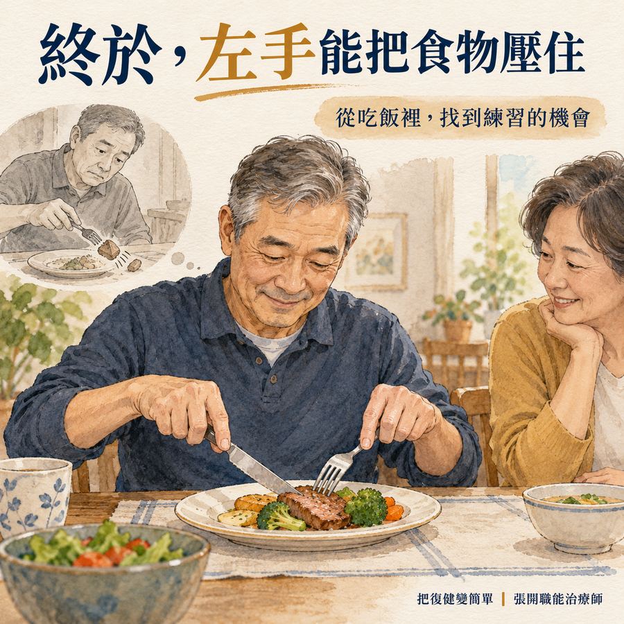 【中風復健】職能治療師自己中風後〡從拿叉子到居家復健 8 比爾終於用左手持叉壓住食物、右手拿刀切食物的日常情境